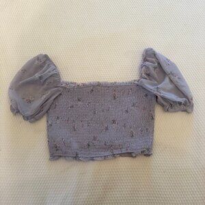 STORIA - Stretchy Purple Flower Crop Top with Puff Sleeve- Size L